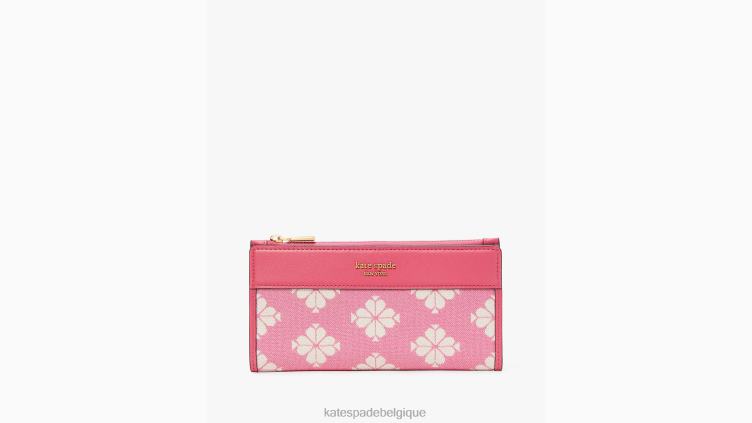 portefeuille fin zippé en toile bicolore à fleurs Kate Spade femmes accessoires D8288421 pompon rose multi