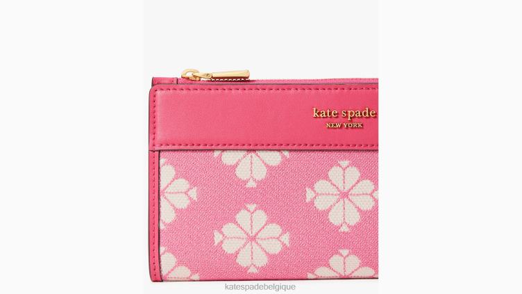 portefeuille fin zippé en toile bicolore à fleurs Kate Spade femmes accessoires D8288421 pompon rose multi