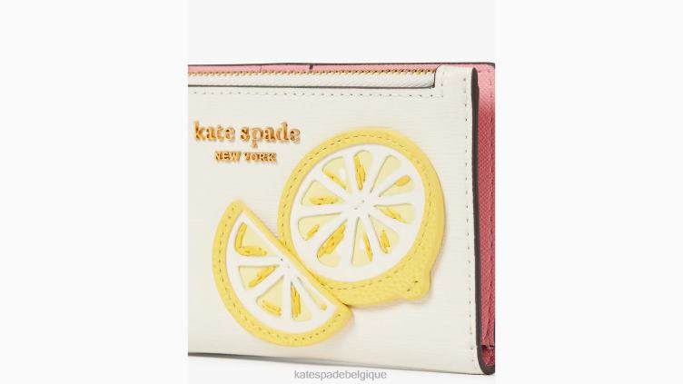 petit portefeuille mince à deux volets avec applique en forme de goutte de citron Kate Spade femmes accessoires D8288382 halo blanc multi
