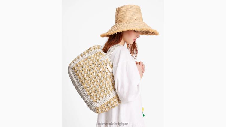 sac fourre-tout moyen en raphia au crochet rayé à marée haute Kate Spade femmes accessoires D82888 blanc multicolore